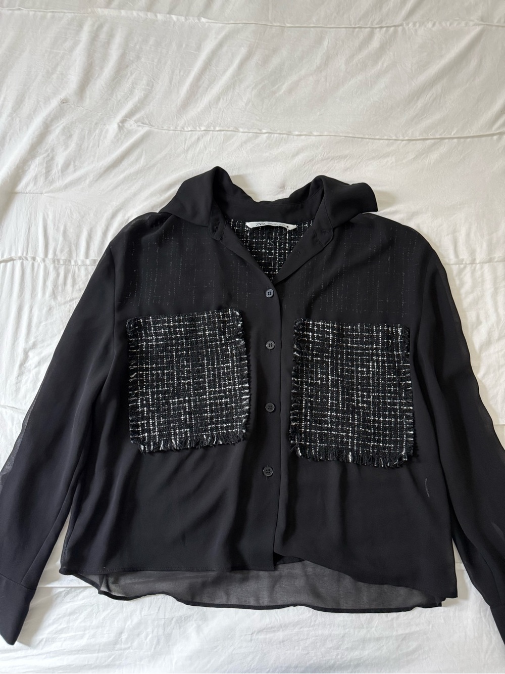 Zara Black Button-Down Shirt with Tweed Front Pockets